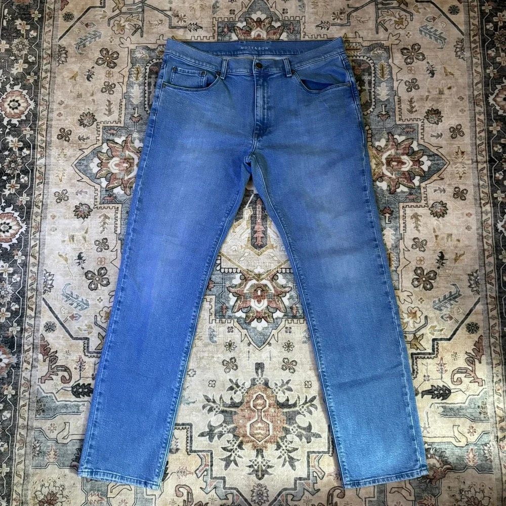 Mott & Bow Mens Slim Fit Straight Jeans Medium Wash Blue Denim W36 L32 Stretch